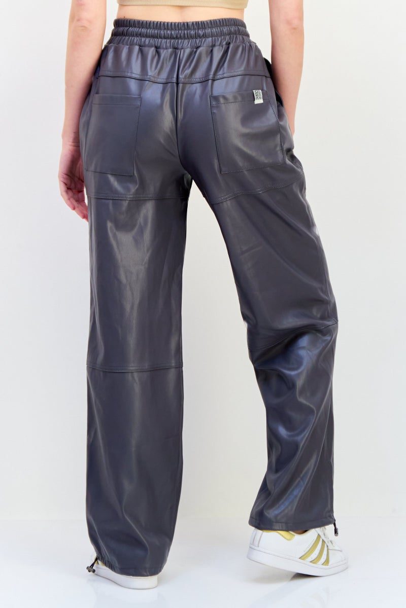 The Giving Movement Women Regular Fit Plain Leather Jogger Pants, Grey  - Image 4
