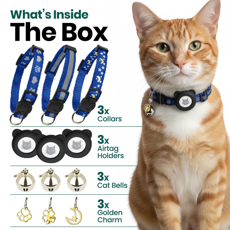 Bemix Pets Cat Collar with AirTag Holders, 3-Pack, Reflective Breakaway Safety Collars, Bells and Matching Charms, Adjustable, Paw Hearts, Moon Stars Design, Lucky Charm, Blue - Image 2