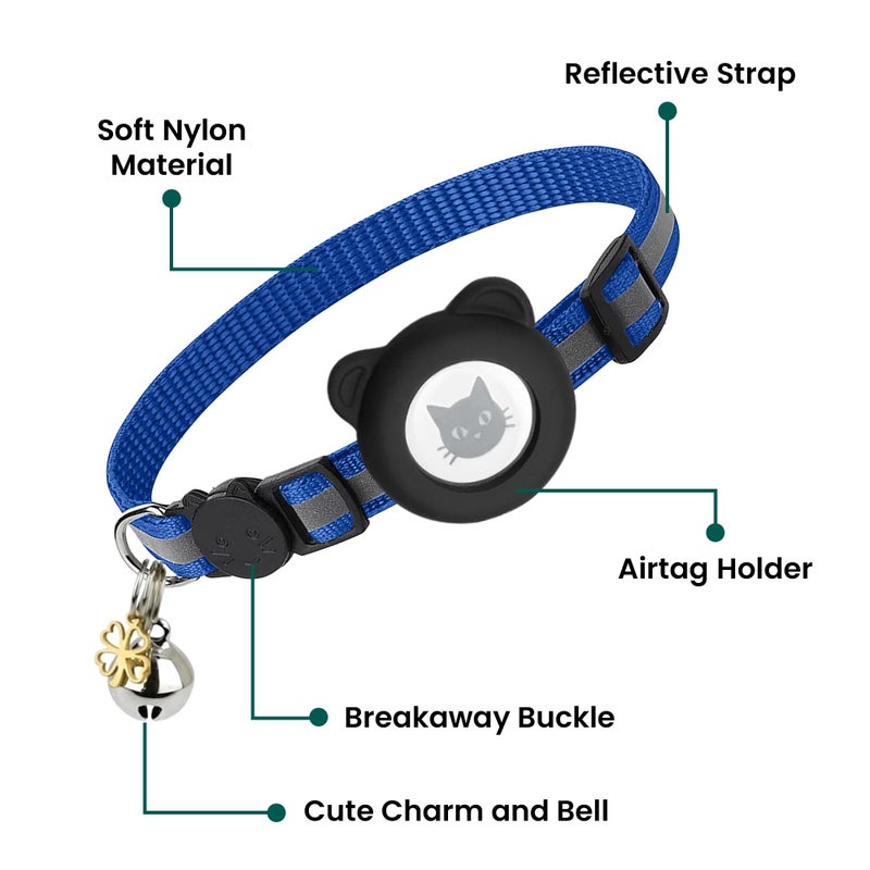 Bemix Pets Cat Collar with AirTag Holders, 3-Pack, Reflective Breakaway Safety Collars, Bells and Matching Charms, Adjustable, Paw Hearts, Moon Stars Design, Lucky Charm, Blue - Image 5