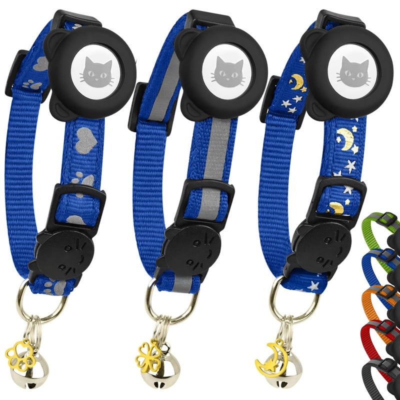 Bemix Pets Cat Collar with AirTag Holders, 3-Pack, Reflective Breakaway Safety Collars, Bells and Matching Charms, Adjustable, Paw Hearts, Moon Stars Design, Lucky Charm, Blue - Image 1
