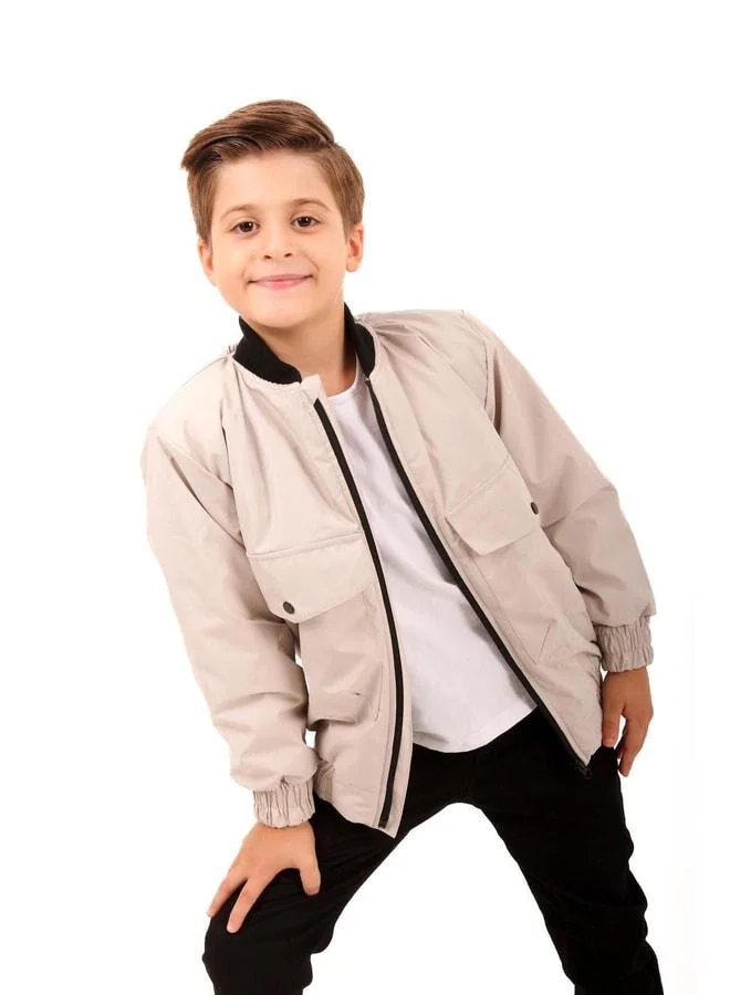 Perendi Beige Boys' Bomber Jacket with Large Pocket Detail.