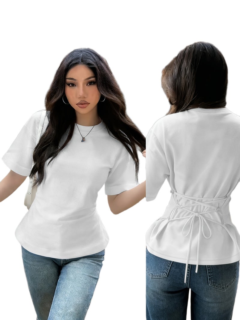 Women'S Fashion Versatile Basic Style with Back Tie - Up Drawstring Design, And Machine Washable - White / S - Image 1
