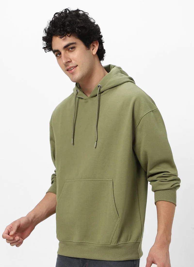Urbano Fashion Men's Potent Olive Cotton Solid Oversized Hooded Neck Sweatshirt