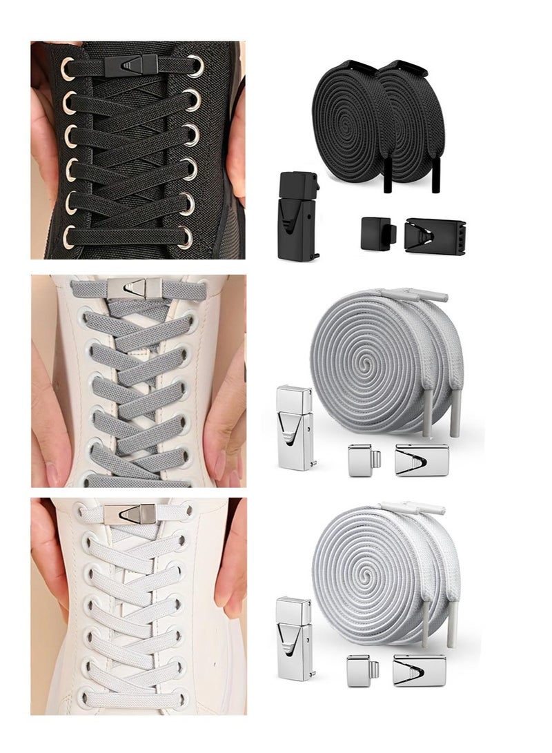 3 أزواج من أربطة الأحذية سهلة الربط مع مشابك متشابكة، أربطة أحذية رياضية مسطحة قابلة للتعديل، أربطة أحذية مرنة بدون ربط، مناسبة لجميع أنواع الأحذية للرجال والنساء (أسود، أبيض، رمادي) - Image 1
