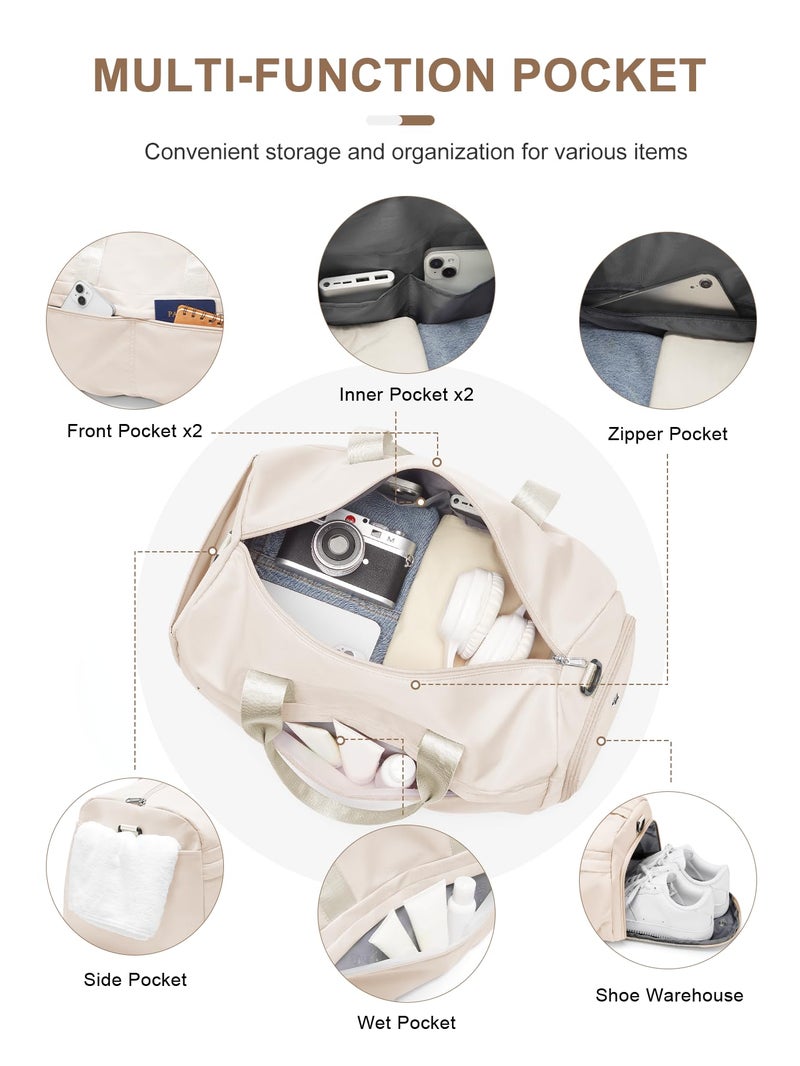 livbote Gym Bag for Women Men with Shoe Compartment, Sport Duffel Bag, Waterproof Travel Weekender Overnight Carry on Bag for Yoga with Trolley Sleeve, Beige - Image 4