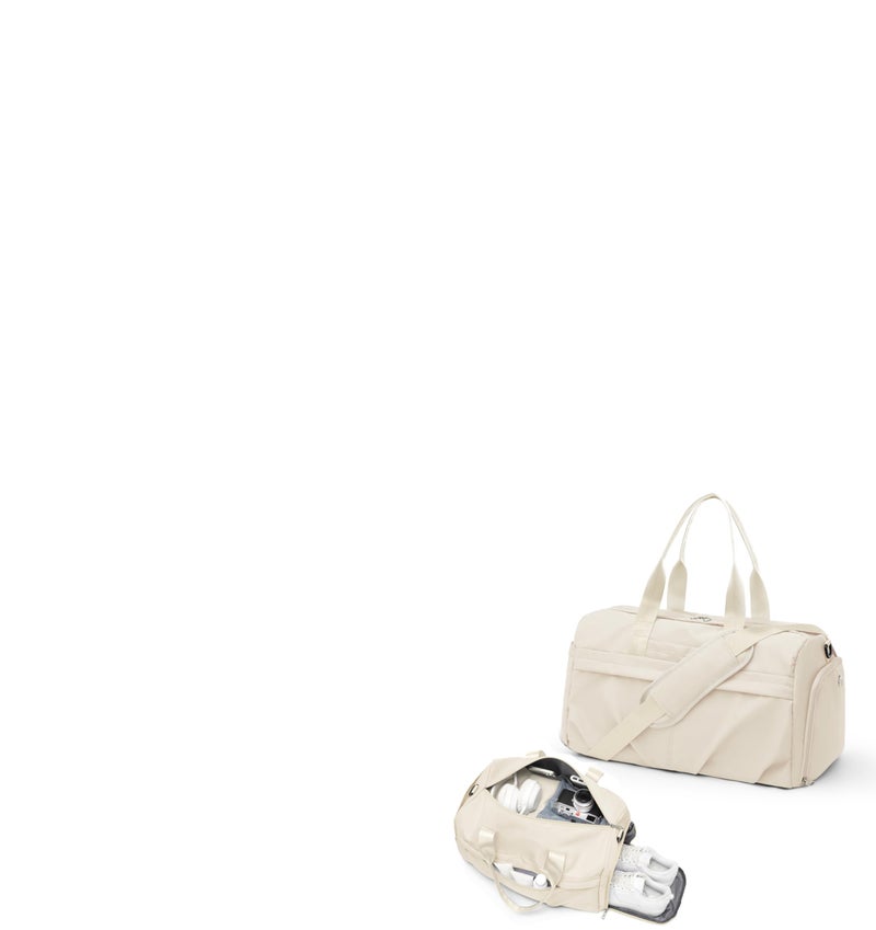 livbote Gym Bag for Women Men with Shoe Compartment, Sport Duffel Bag, Waterproof Travel Weekender Overnight Carry on Bag for Yoga with Trolley Sleeve, Beige - Image 1