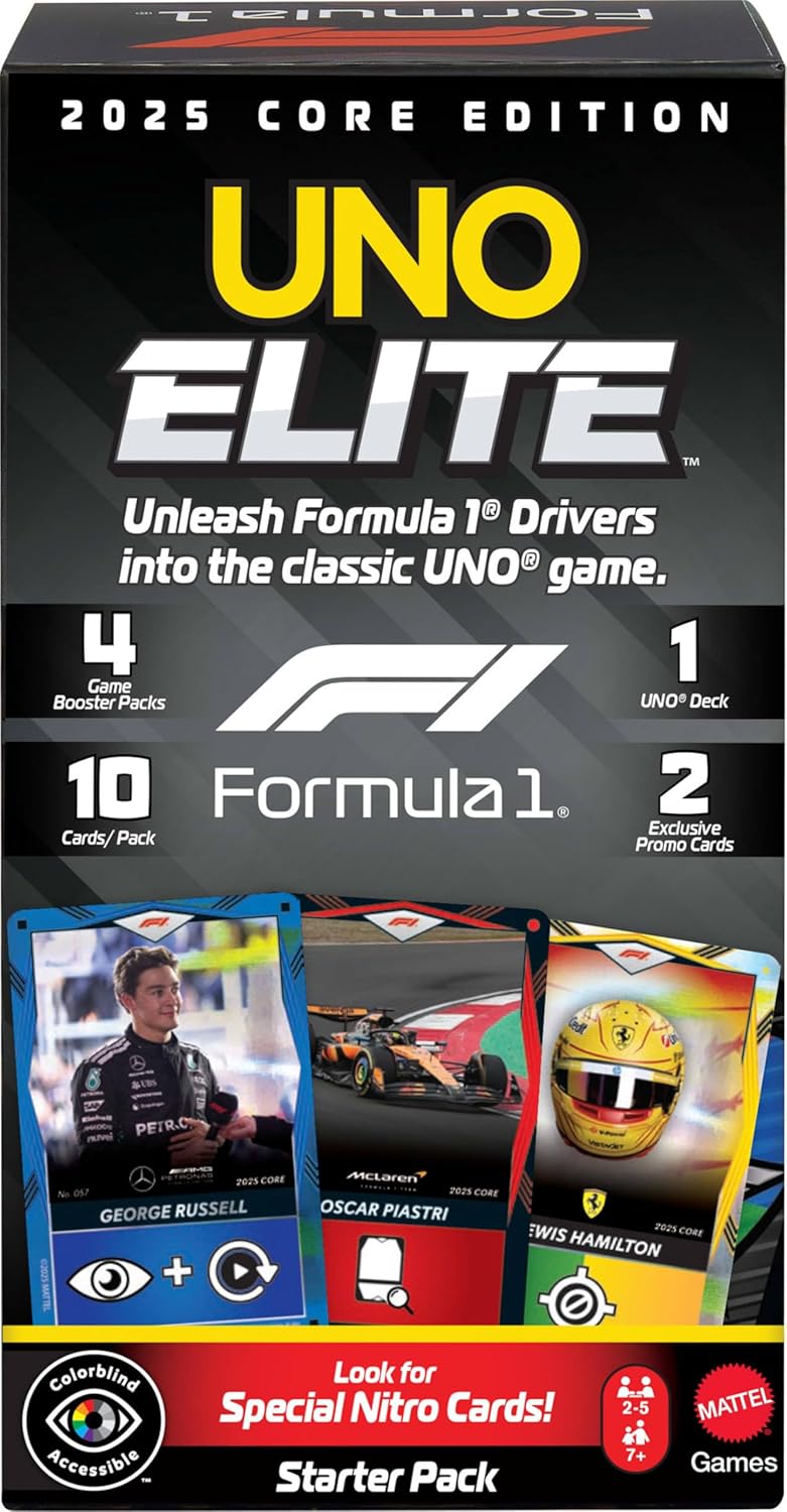 Mattel Games UNO Elite Formula 1 2025 Core Edition Starter Pack Card Game with 4 Game Booster Packs & 2 Promo Cards for Kids, Fans, Families & Game Night - Image 1