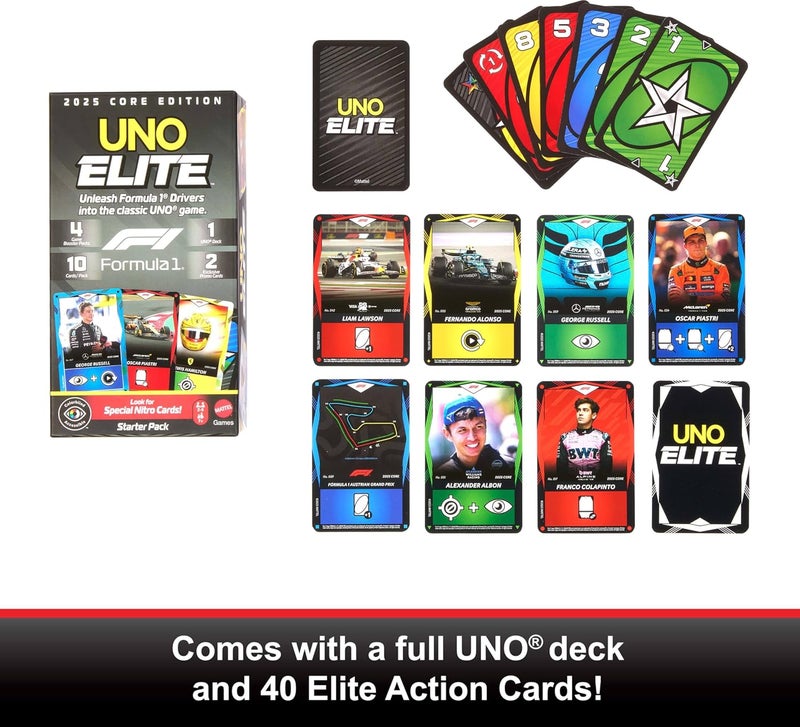 Mattel Games UNO Elite Formula 1 2025 Core Edition Starter Pack Card Game with 4 Game Booster Packs & 2 Promo Cards for Kids, Fans, Families & Game Night - Image 3
