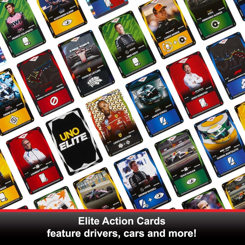 Mattel Games UNO Elite Formula 1 2025 Core Edition Starter Pack Card Game with 4 Game Booster Packs & 2 Promo Cards for Kids, Fans, Families & Game Night - Image 4