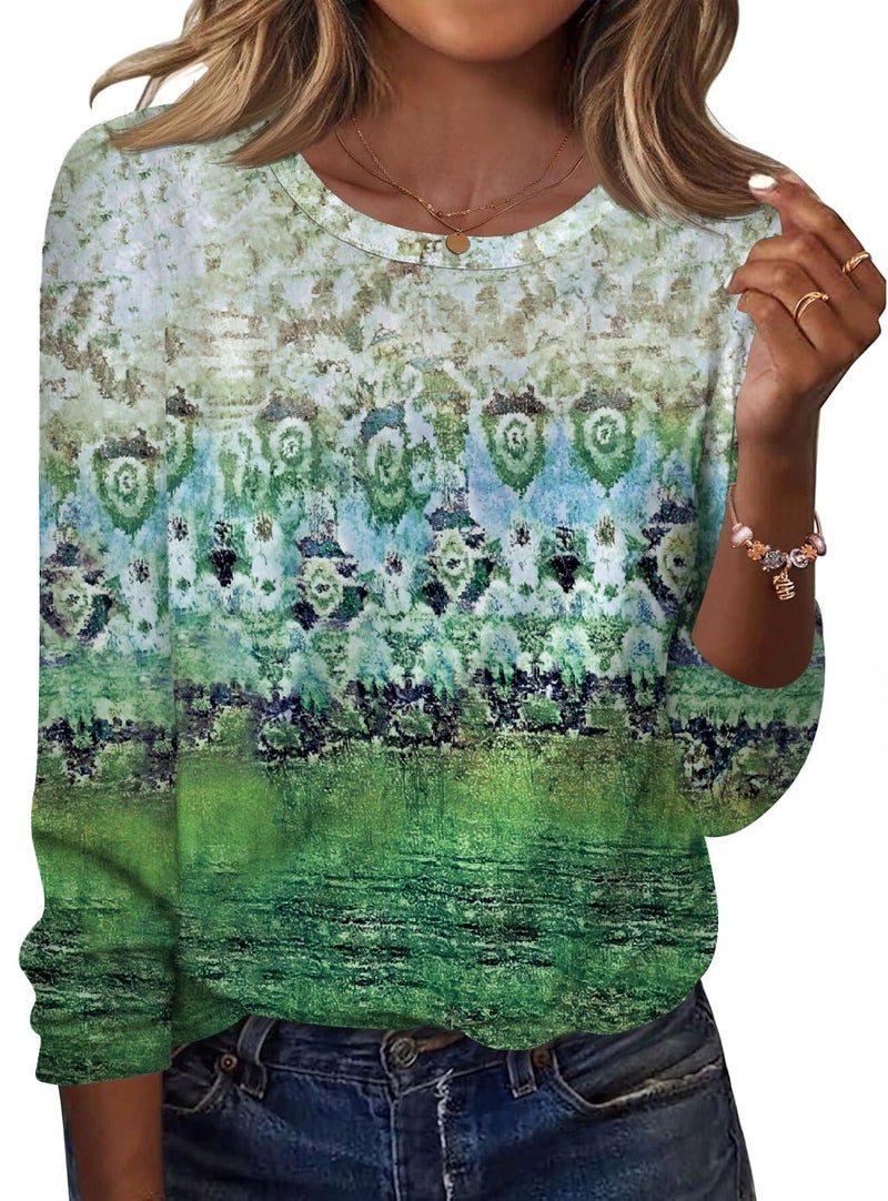 TCOT Women's Tops Long Sleeve Crew Neck Shirts Lightweight Dressy Casual Blouses for Women Tunics Green Pattern S - Image 1