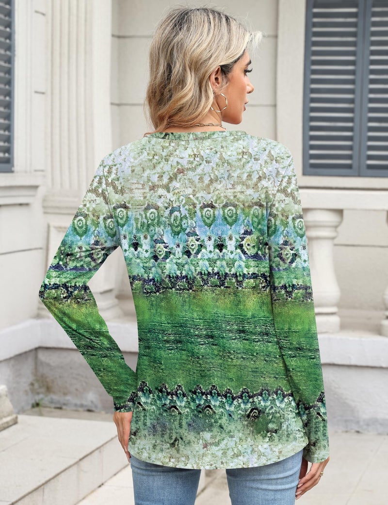 TCOT Women's Tops Long Sleeve Crew Neck Shirts Lightweight Dressy Casual Blouses for Women Tunics Green Pattern S - Image 3