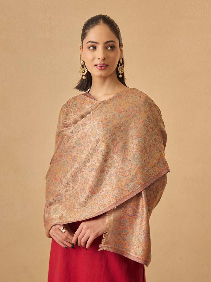 Pashmoda Women Chandni Kaani Stole, Authentic Kashmiri Luxury Pashmina Style Shawl, Stole, (Size 28x80 Inches, Beige Color) MAVST07 - Image 2