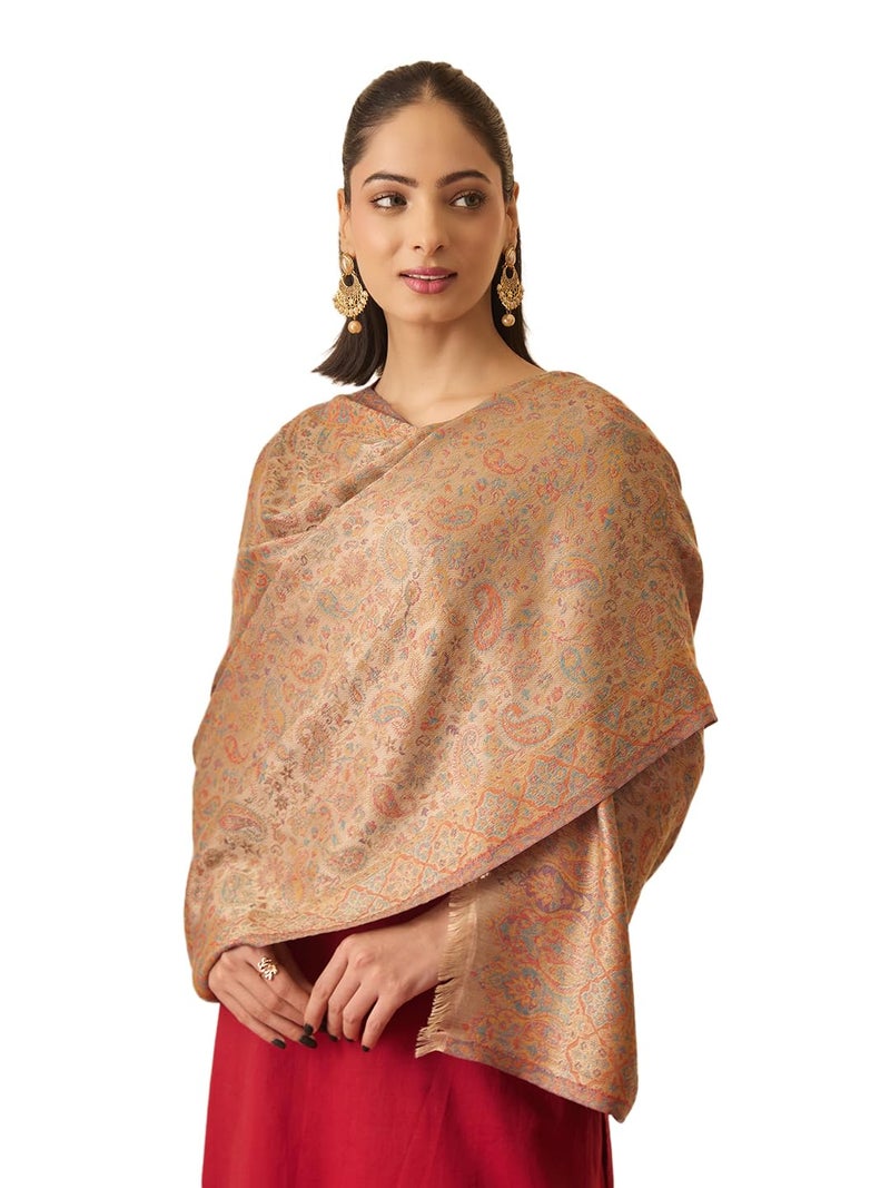 Pashmoda Women Chandni Kaani Stole, Authentic Kashmiri Luxury Pashmina Style Shawl, Stole, (Size 28x80 Inches, Beige Color) MAVST07 - Image 1