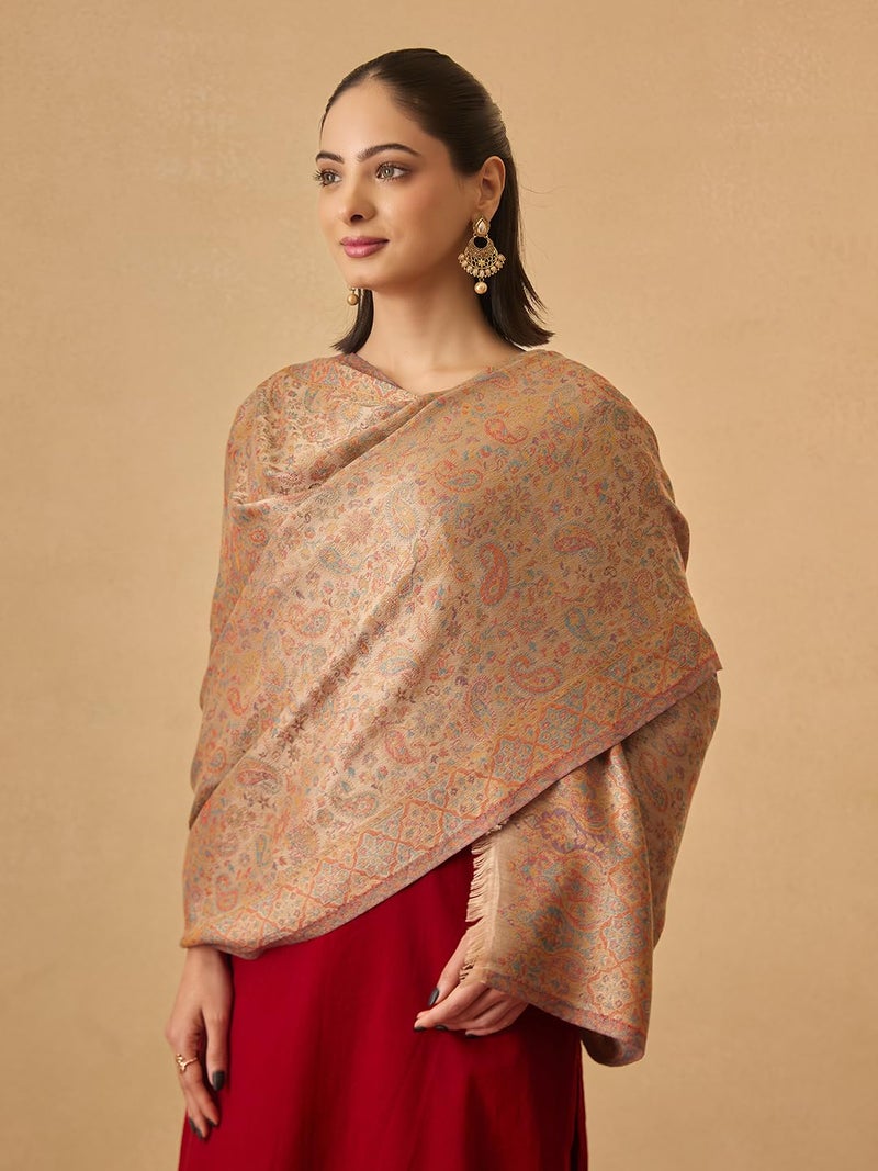 Pashmoda Women Chandni Kaani Stole, Authentic Kashmiri Luxury Pashmina Style Shawl, Stole, (Size 28x80 Inches, Beige Color) MAVST07 - Image 3