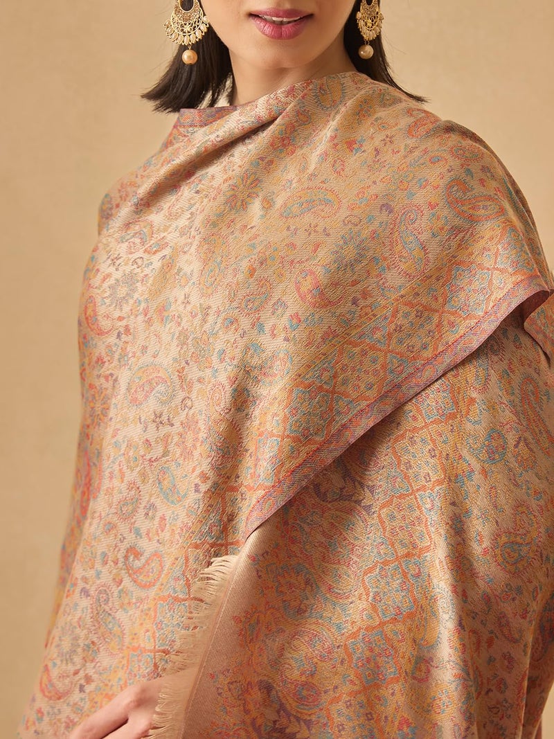 Pashmoda Women Chandni Kaani Stole, Authentic Kashmiri Luxury Pashmina Style Shawl, Stole, (Size 28x80 Inches, Beige Color) MAVST07 - Image 5