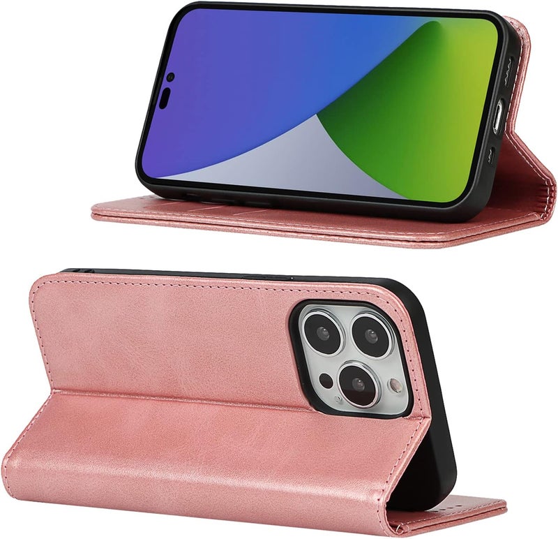 iCoverCase General standard crafted for iPhone 14 Pro Wallet Case with Card Holder, PU Leather Magnetic Kickstand Feature Shockproof Protective Flip Cover Case - Rose Gold Varied dimensions - Image 3