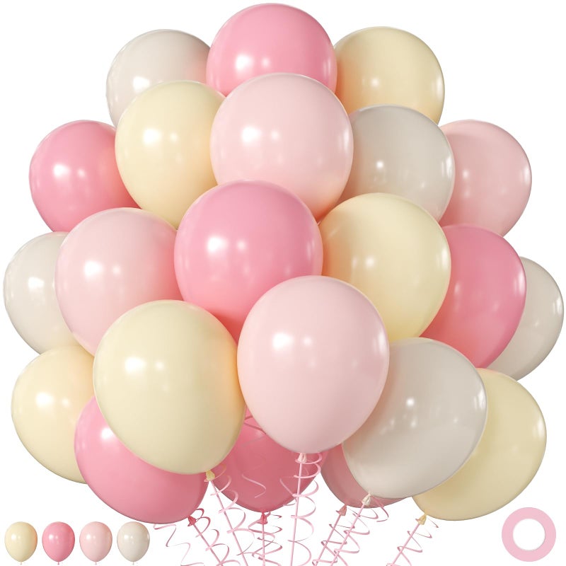 JOYFLOAT Pink and Yellow Balloons, 60Pcs 12 Inch Pastel Pink Light Pink Yellow Sand White Balloons for Baby Shower Bridal Shower Anniversary Wedding Bee Bear Themed Birthday Party Decorations - Image 1