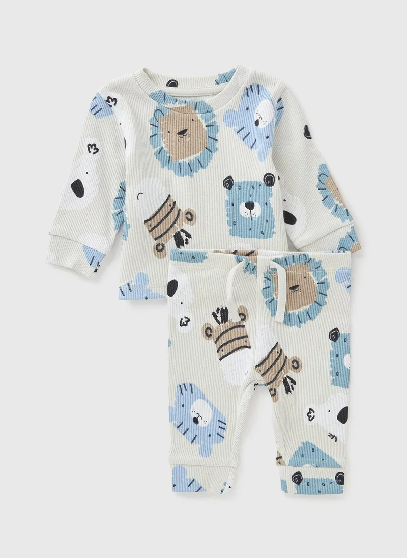 Matalan Baby Blue Animal Ribbed Top & Legging Set