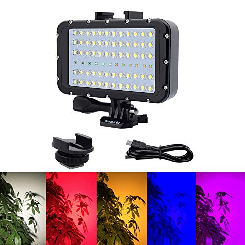 Suptig Video Lighting Dive Light Underwater Lights 72 Led Lights Compatible for Gopro Canon Nikon Pentax Panasonic Sony Samsung SLR Cameras 5 Kinds of Illuminating Colors Waterproof 147ft(45m) Black - Image 1