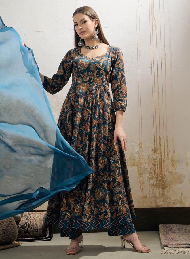 SASSAFRAS Teal Floral Anarkali Kurta with Pencil Pant and Dupatta Set - Image 2