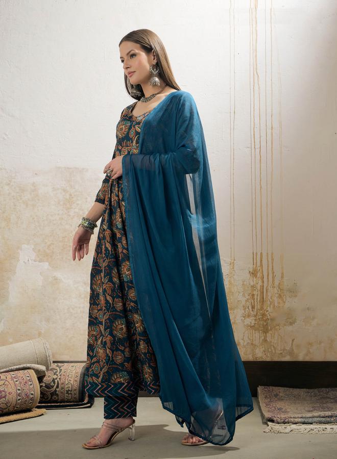 SASSAFRAS Teal Floral Anarkali Kurta with Pencil Pant and Dupatta Set - Image 3
