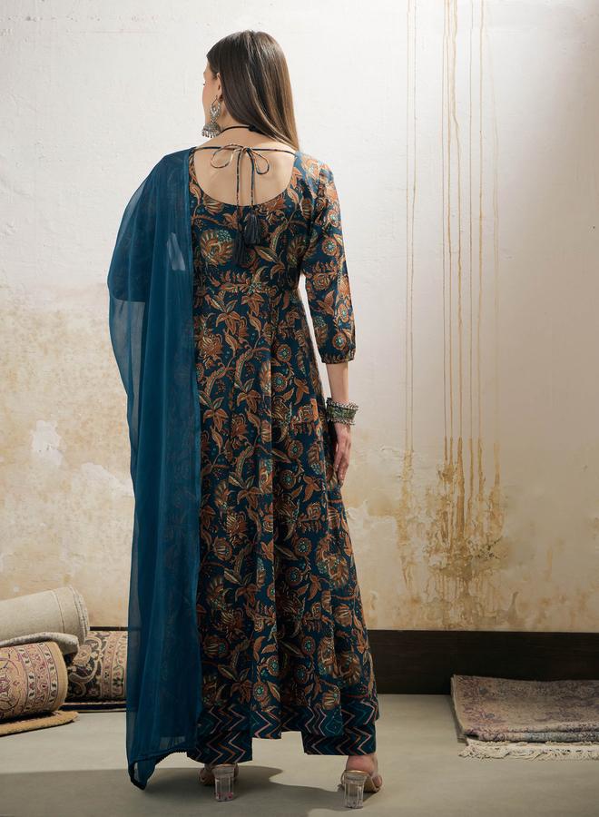 SASSAFRAS Teal Floral Anarkali Kurta with Pencil Pant and Dupatta Set - Image 5