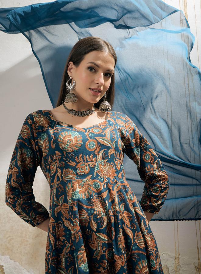 SASSAFRAS Teal Floral Anarkali Kurta with Pencil Pant and Dupatta Set - Image 1