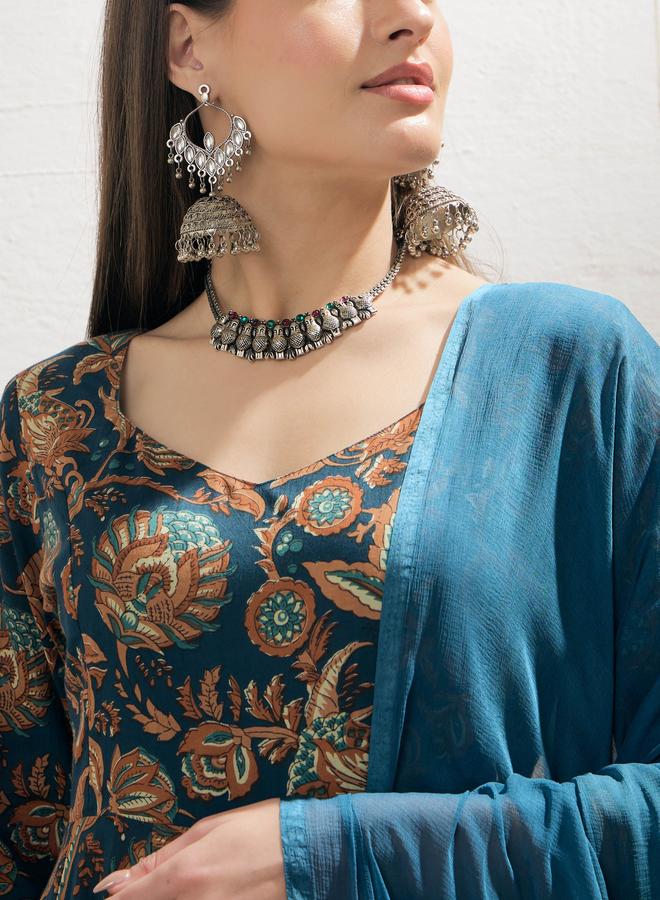 SASSAFRAS Teal Floral Anarkali Kurta with Pencil Pant and Dupatta Set - Image 4