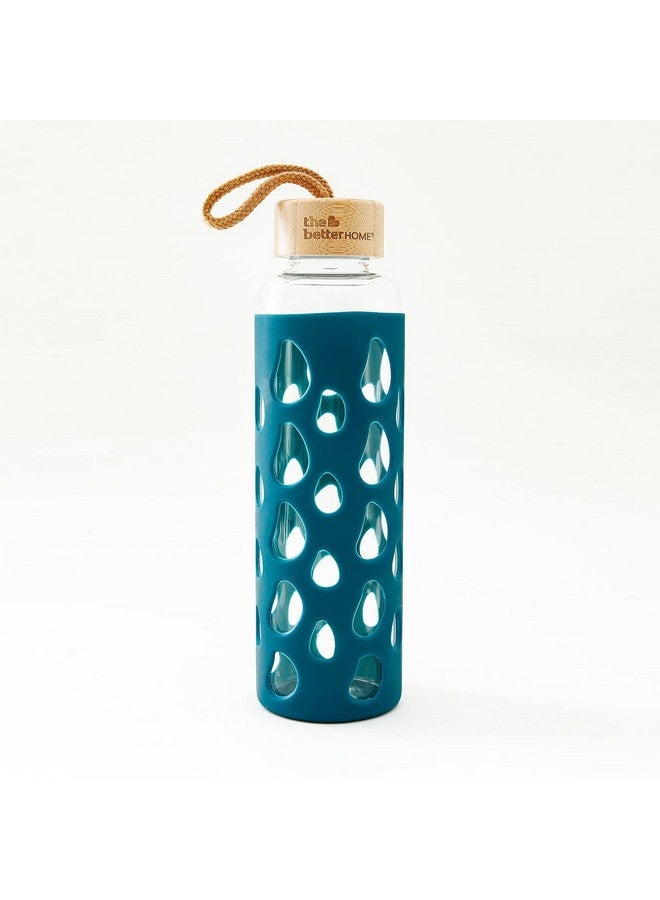 The Better Home Borosilicate Glass Water Bottle with Sleeve (550ml) | Non Slip Silicon Sleeve & Bamboo Lid | Water Bottles for Fridge (Pack of 1, Dark Blue) - Image 1