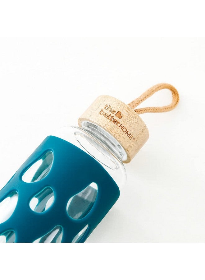 The Better Home Borosilicate Glass Water Bottle with Sleeve (550ml) | Non Slip Silicon Sleeve & Bamboo Lid | Water Bottles for Fridge (Pack of 1, Dark Blue) - Image 3