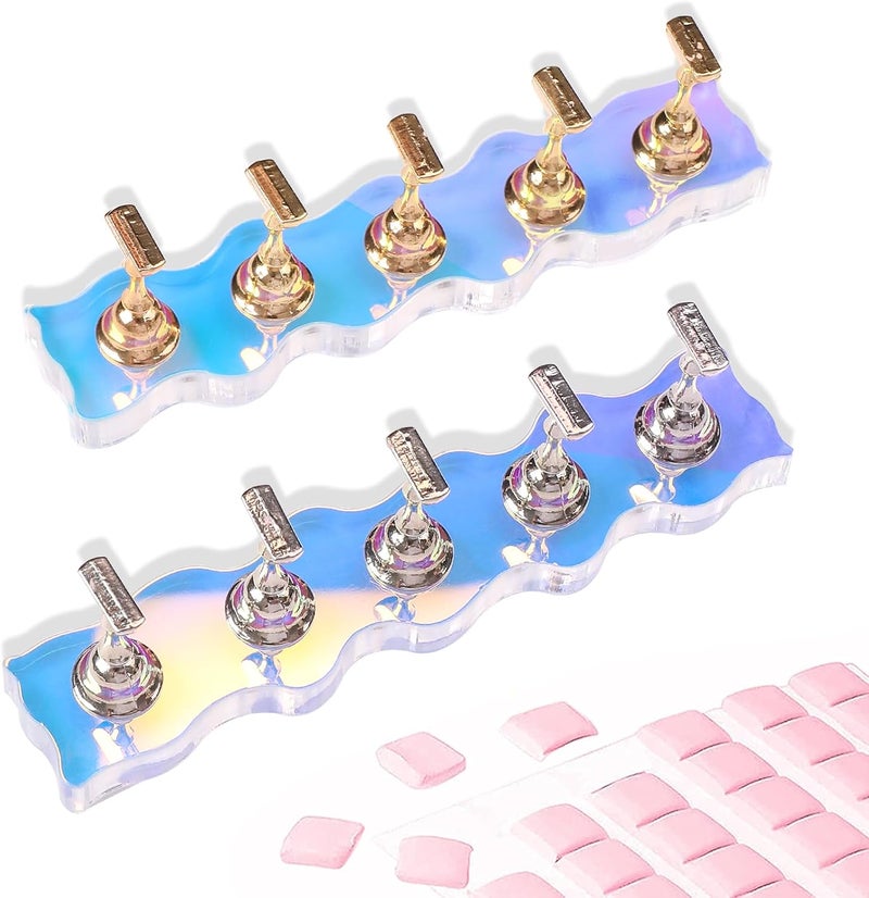 ANGNYA Push On Nail Stand, Set of 2, Aurora Nail Holders for Painting Nails, Press on Nail Stand with 96 Reusable Sticky Kneading for Nail Art, Home and Salon - Image 1