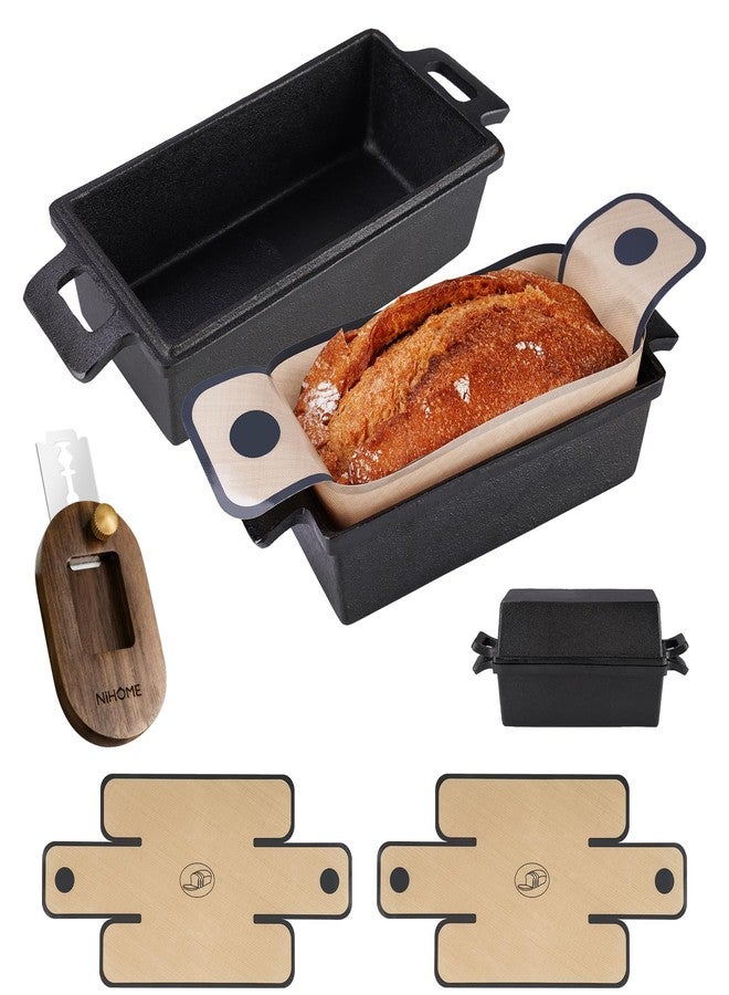 NiHome Cast Iron Bread Pan Set with Lid, 2 Loaf Pans + 2 Silicone Mats + Bread Lame, Heavy-Duty Cast Iron for Even Heat & Crisp Crust, Dual-Pan Design for Covered or Open Baking, Dishwasher-Safe Mats - Image 1
