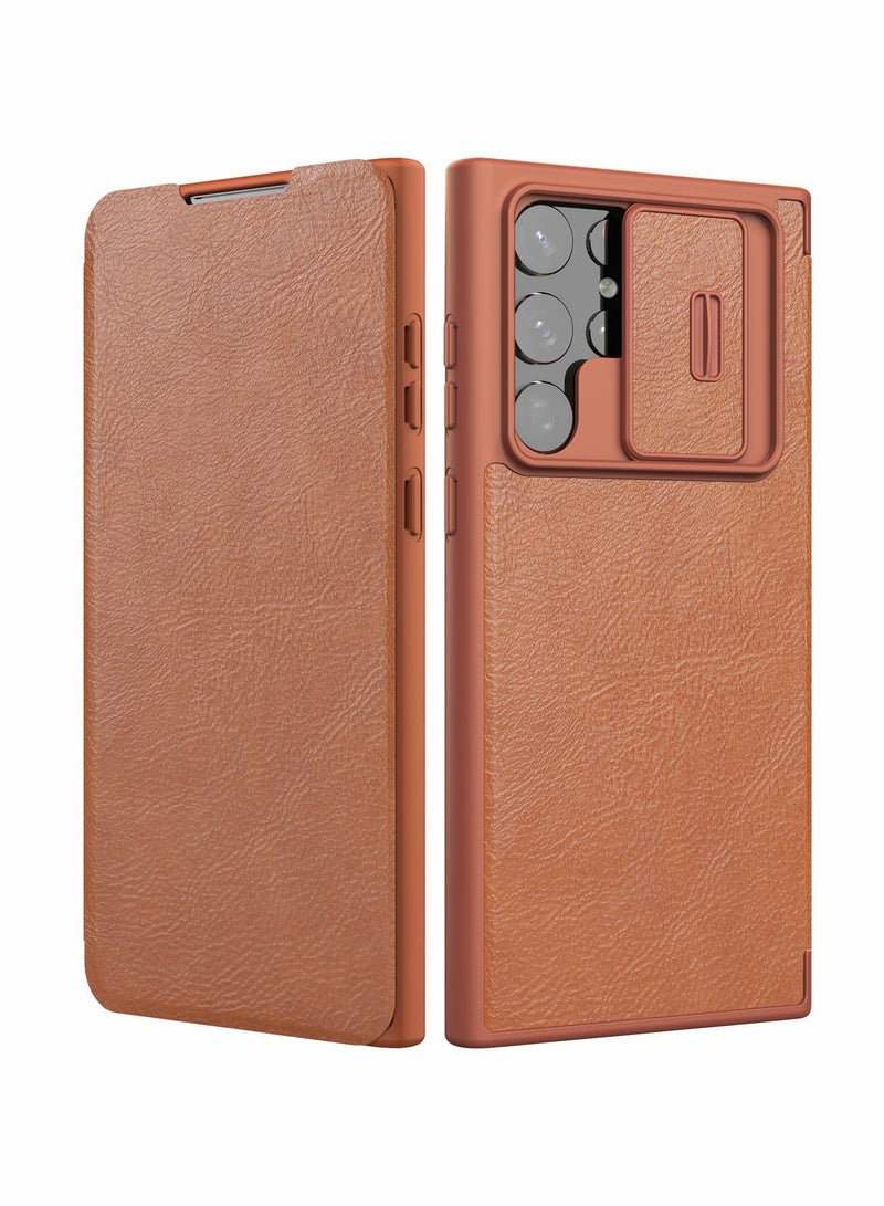 Excefore Case for Samsung Galaxy S22 Ultra Case with Camera Cover and Card Holder, PU Leather Case with Flip Cover and Slide Camera Protection, Durable Shockproof Cover for Samsung S22 Ultra (Brown) - Image 1