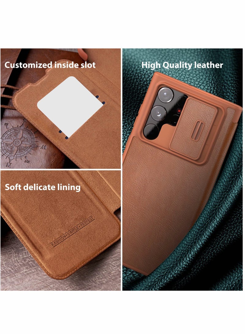 Excefore Case for Samsung Galaxy S22 Ultra Case with Camera Cover and Card Holder, PU Leather Case with Flip Cover and Slide Camera Protection, Durable Shockproof Cover for Samsung S22 Ultra (Brown) - Image 4