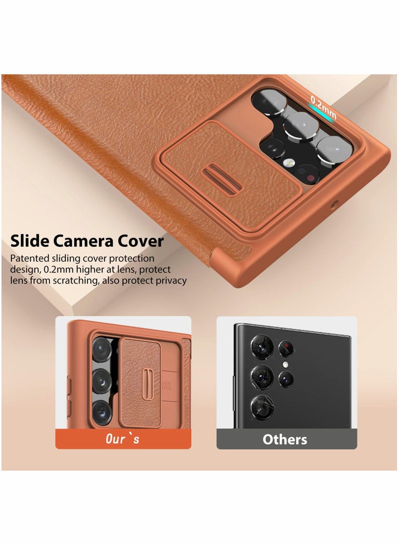 Excefore Case for Samsung Galaxy S22 Ultra Case with Camera Cover and Card Holder, PU Leather Case with Flip Cover and Slide Camera Protection, Durable Shockproof Cover for Samsung S22 Ultra (Brown) - Image 3