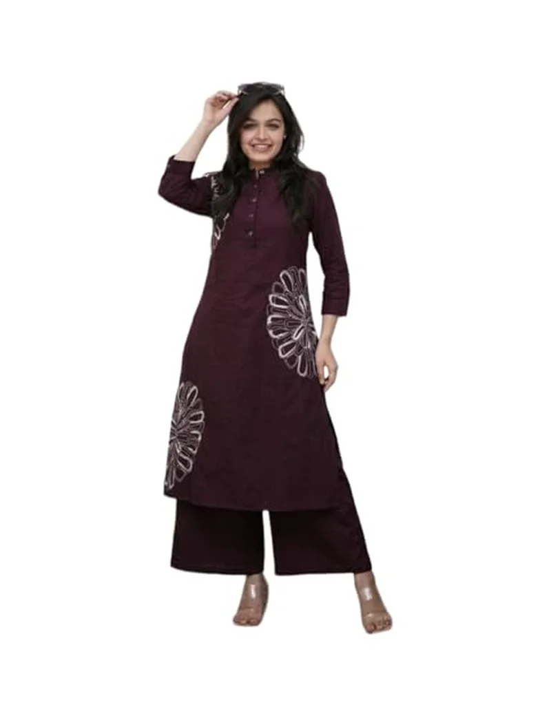 Gosriki GoSriKi Women's Cotton Blend A-Line Embroidered Kurta with Palazzo