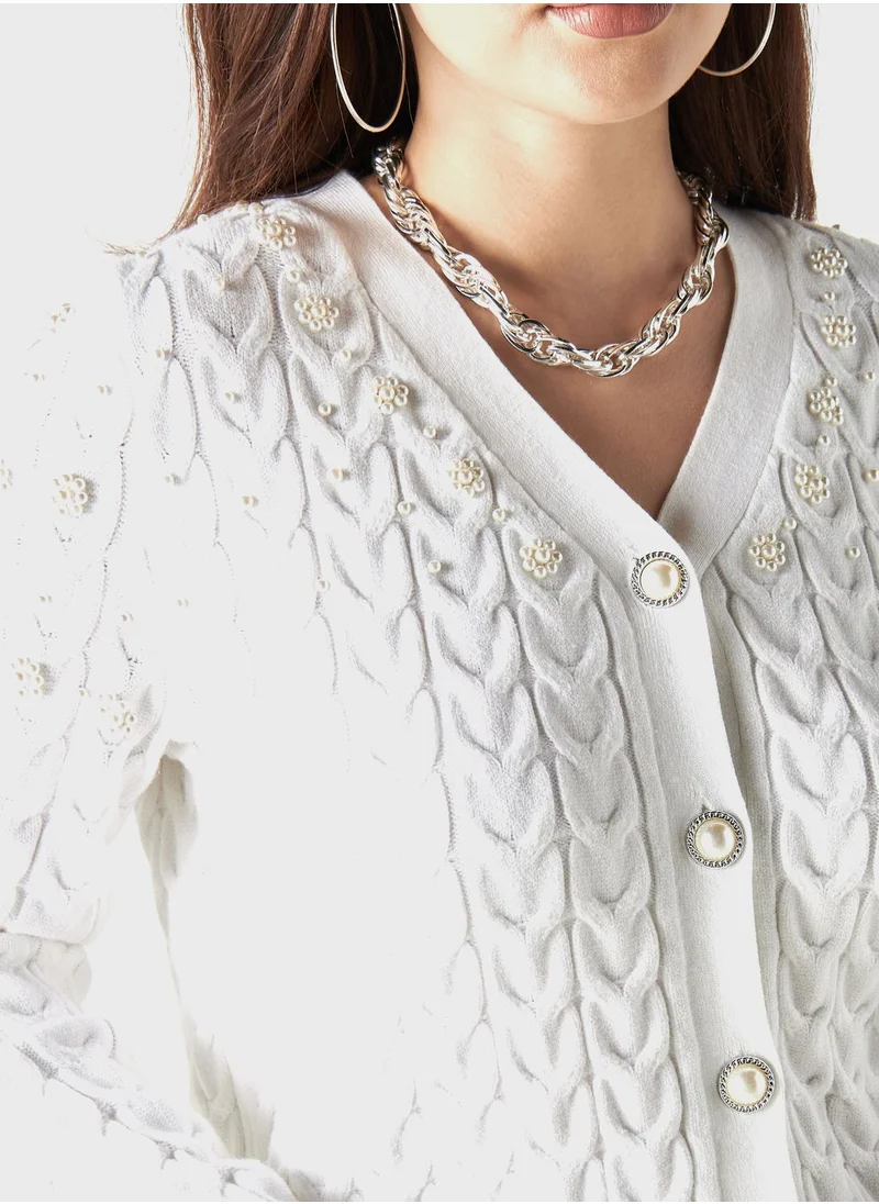 تواكستريمز Embellished Button Down V-Neck Cardigan