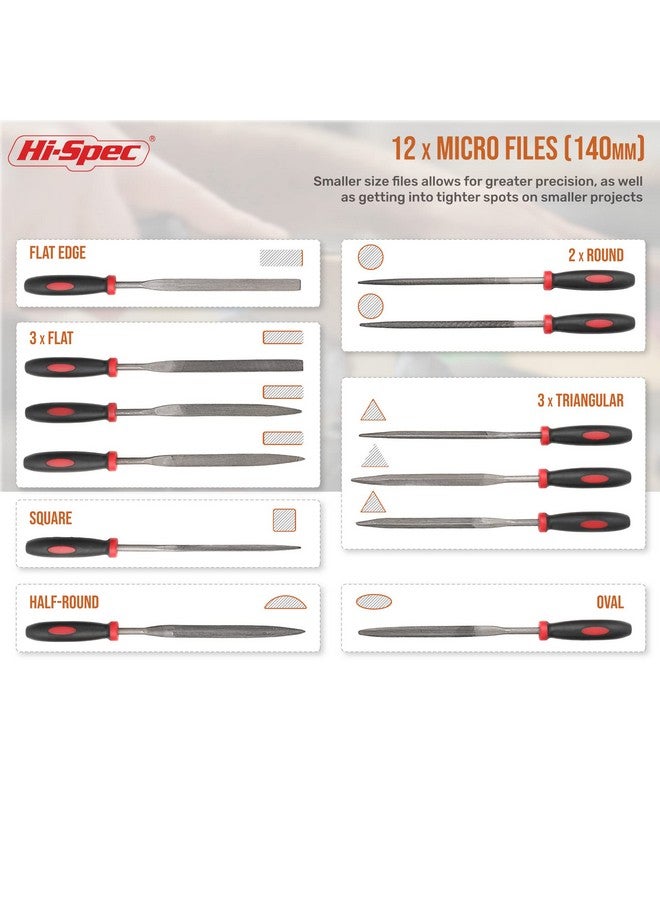 Hi-Spec Hi-Spec 16 Piece Metal Hand & Needle Files Tool Set Kit. Large & Small Mini T12 Carbon Steel Flat, Half, Round, Triangle Files. Complete in a Zipper Carry Case - Image 3