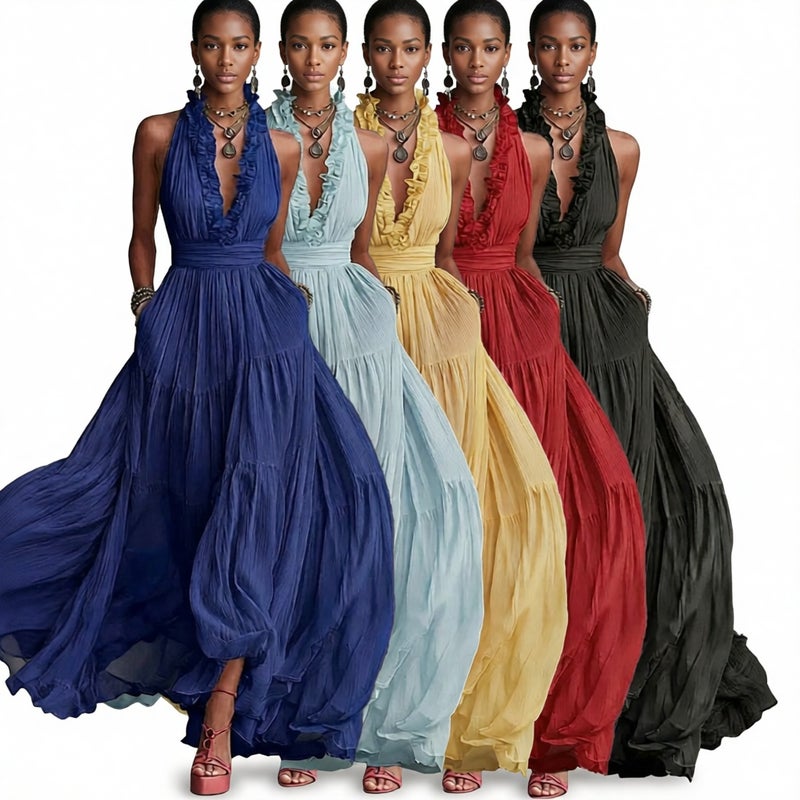 Deep V Neck Halter Backless Maxi Dress Bohemian Ruffle Beach Vacation Dress - Image 1
