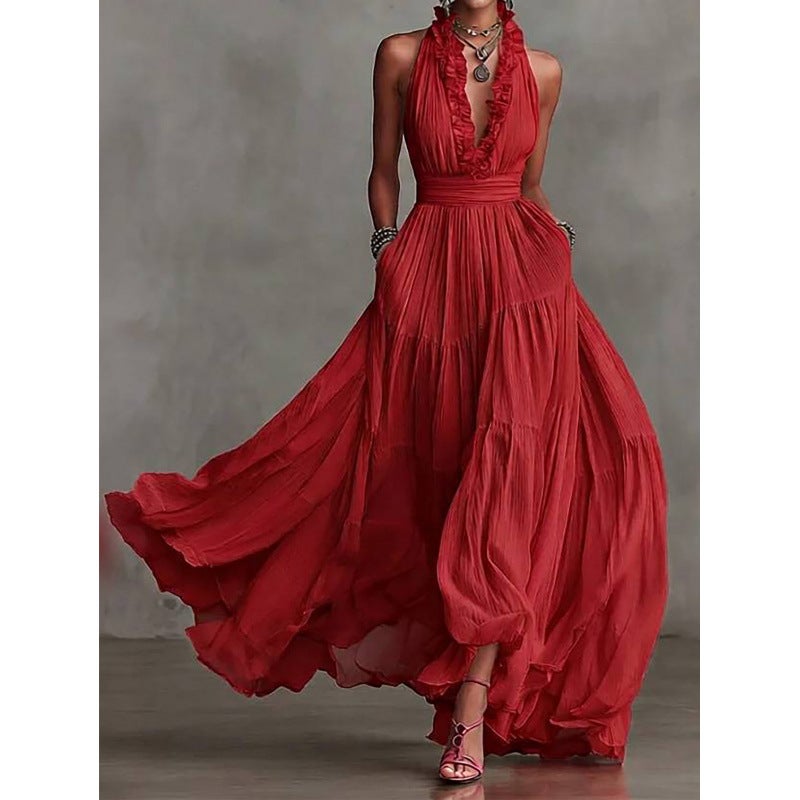 Deep V Neck Halter Backless Maxi Dress Bohemian Ruffle Beach Vacation Dress - Image 4