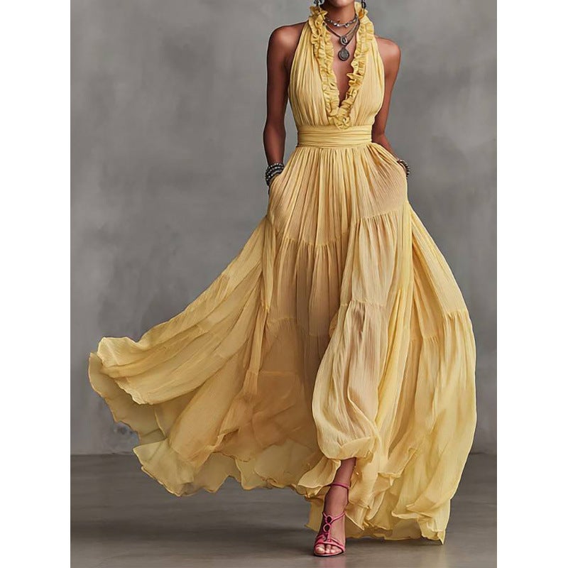 Deep V Neck Halter Backless Maxi Dress Bohemian Ruffle Beach Vacation Dress - Image 3