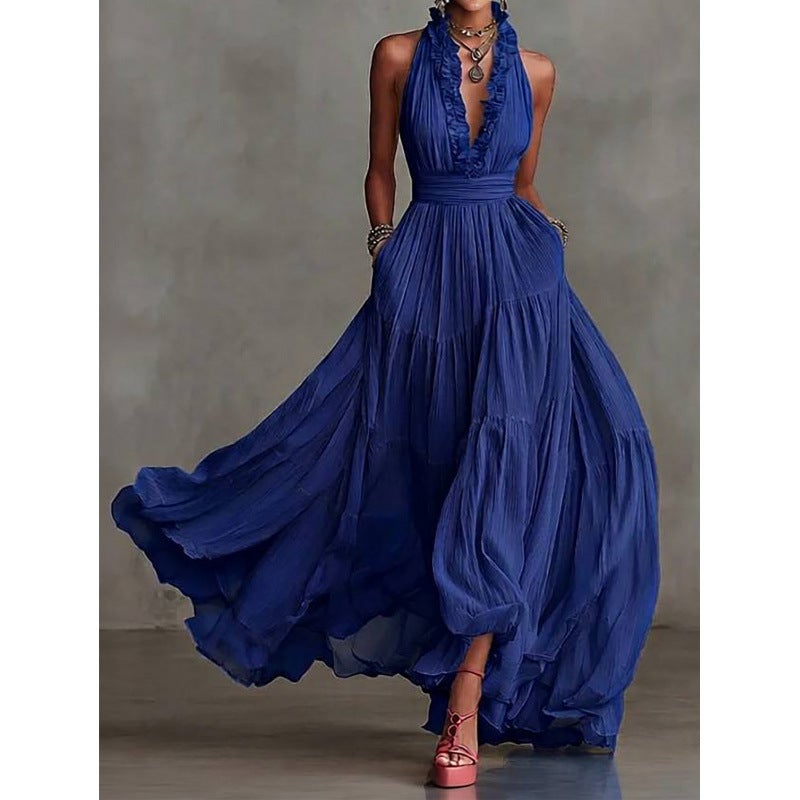 Deep V Neck Halter Backless Maxi Dress Bohemian Ruffle Beach Vacation Dress - Image 2