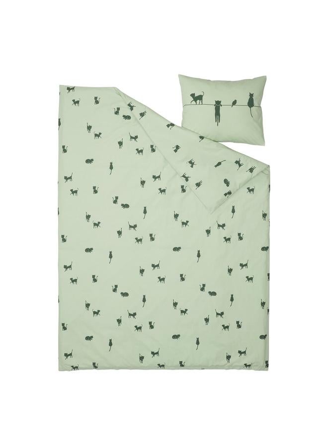 erorex Duvet cover and pillowcase, cat pattern/green, 150x200/50x80 cm - Image 2