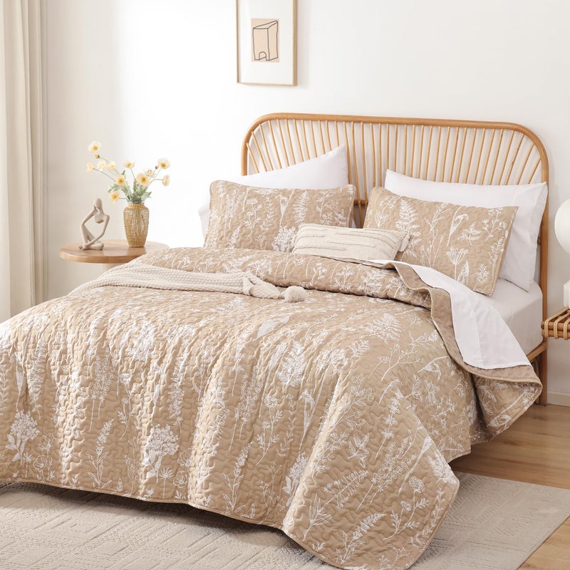 JANZAA Quilts Queen Size Bed Spread Botanical 3 Pieces Quilts Queen Size Sets with Floral Pattern Lightweight Microfiber Bedding Reversible 1 Quilt and 2 Pillow Cases-Black - Image 1