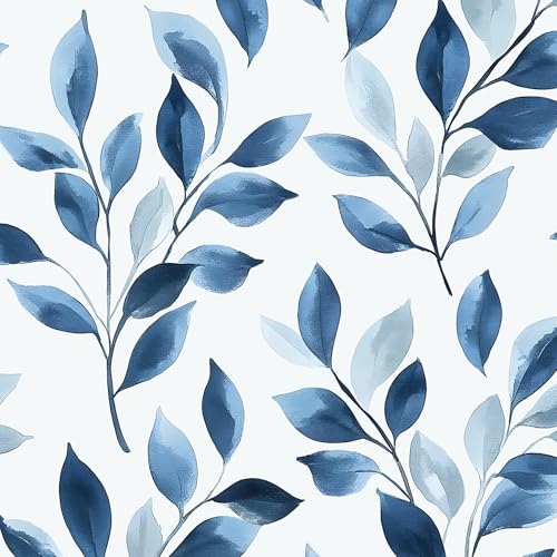 VOLEAAR Blue Leaf Boho Peel and Stick Wallpaper – 17.5" x 393" Self-Adhesive Vinyl Blue Floral Contact Paper for Bedroom Bathroom Walls, Modern Removable Wallpaper Decor in Navy and White - Image 1
