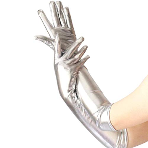DreamHigh Women's17 Long Metallic Satin Cosplay Finger Gloves Silver - Image 5