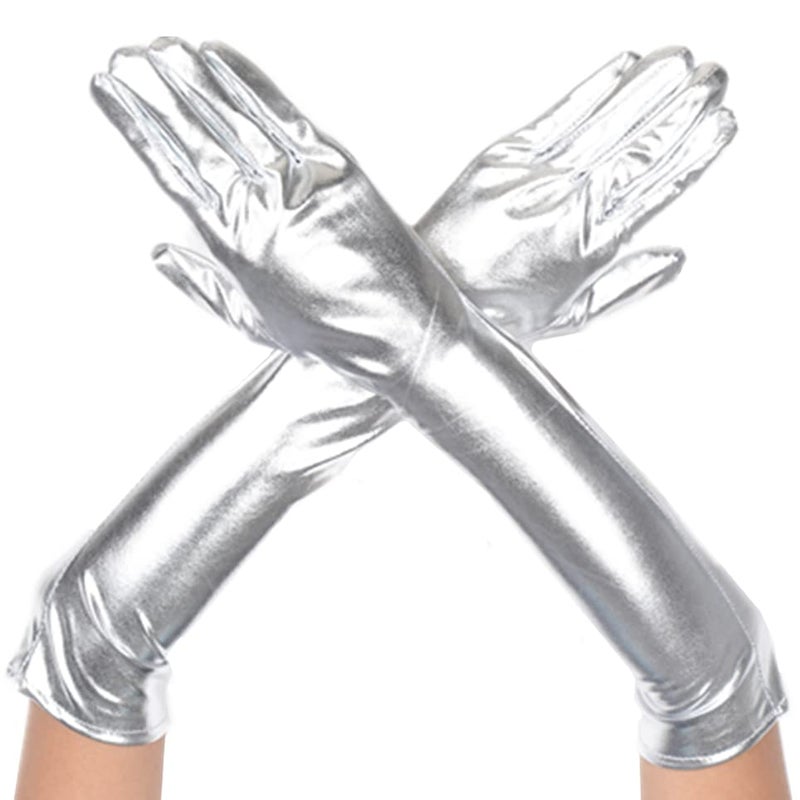 DreamHigh Women's17 Long Metallic Satin Cosplay Finger Gloves Silver - Image 1