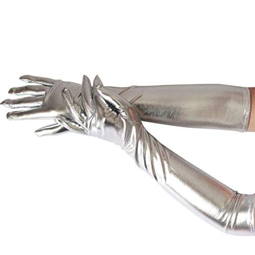 DreamHigh Women's17 Long Metallic Satin Cosplay Finger Gloves Silver - Image 4