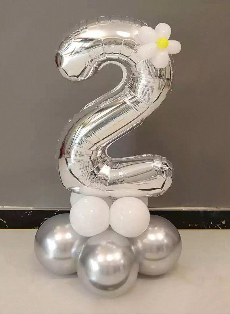 Birthday Decoration - Set of 15 Balloons in Silver and White with Large Number (2) Balloon for Birthday Parties, Graduations, and All Special Occasions  - Image 1
