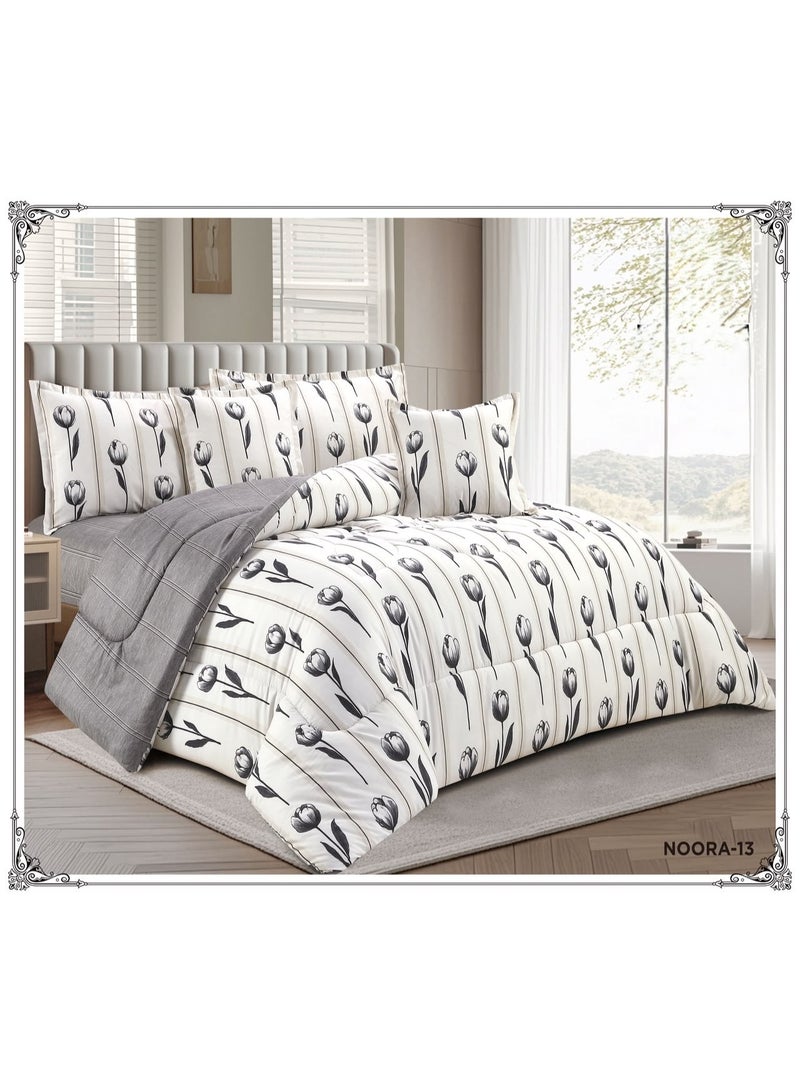 Double summer bedspread set, reversible (one side patterned, one side plain), 6 pieces. Comfort and elegance for your bedroom decor. Includes: 1 comforter (220*240cm), 1 fitted sheet (200*200cm), 2 pillowcases (80*50cm), and 2 pillowcases (50*50cm).